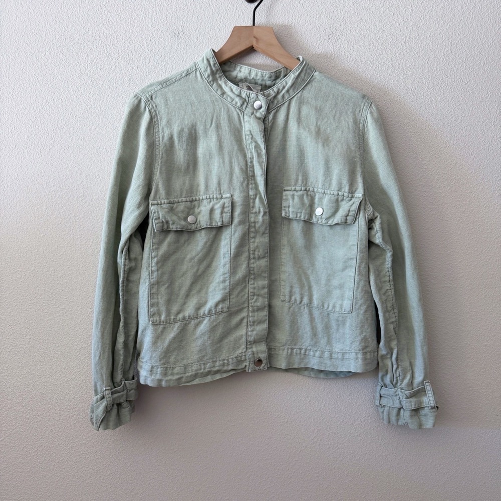 NICOLE MILLER Womens Linen Blend Utility Jacket Size L Green Boho Military